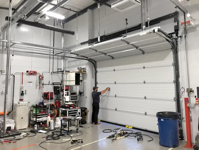 Ravenna Garage Door Repair certified technician performing commercial door repair at a Ravenna business facility