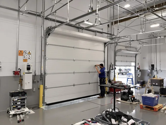Commercial garage door repair being performed by Ravenna Garage Door Repair expert in Ravenna