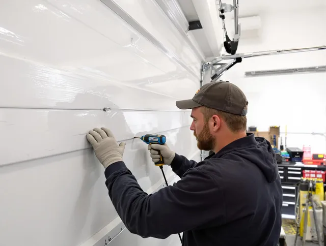 Ravenna Garage Door Repair technician demonstrating precision dent removal techniques on a Ravenna garage door