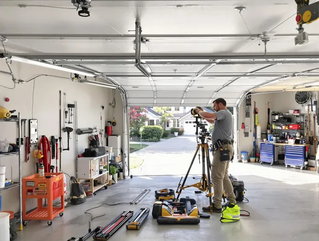 Ravenna Garage Door Repair specialist performing laser-guided track alignment in Ravenna